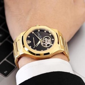 PIERRE RICHARDSON PR5922 Men’s Watch, Black Dial, 24K Pure Gold Plated, Automatic, Sapphire Glass, 41mm, 10ATM